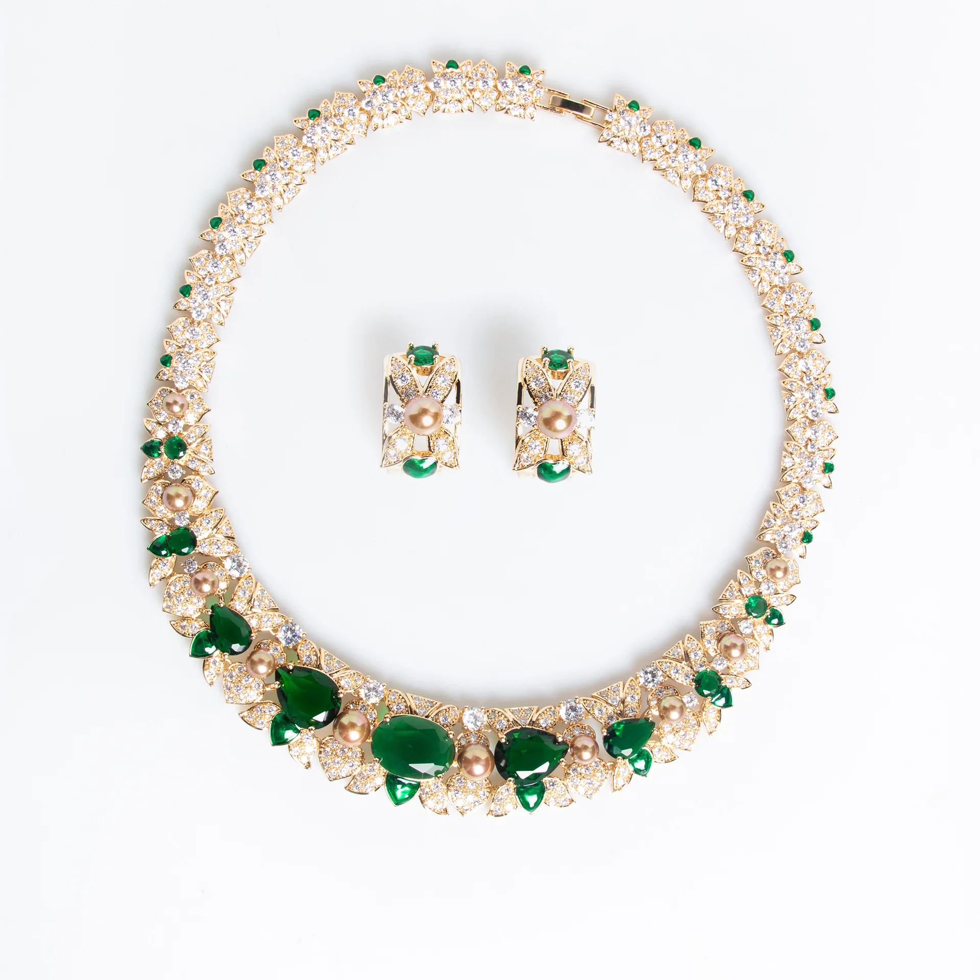 Newest Design 4pcs Jewelry Sets Luxury Bridal Pearl Colorful Zirconia Diamond Gorgeous Necklace Wedding Jewelry Sets
