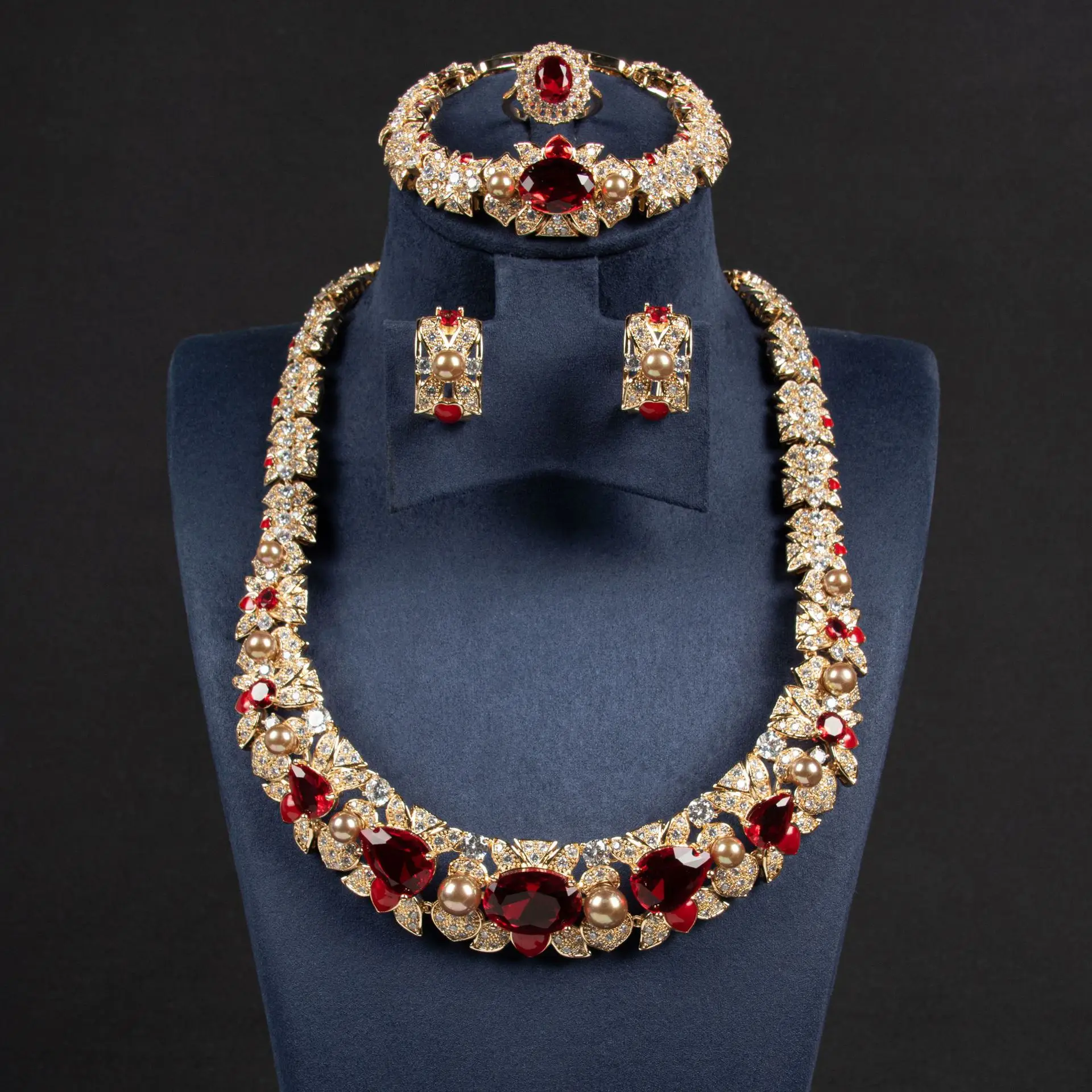 Newest Design 4pcs Jewelry Sets Luxury Bridal Pearl Colorful Zirconia Diamond Gorgeous Necklace Wedding Jewelry Sets