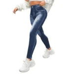 Wholesale Women's Faux Denim Mid-waist Velour High-elastic Yoga Leggings V-shaped Back Butt-lifting Quick-dry