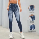 Wholesale Women's Faux Denim Mid-waist Velour High-elastic Yoga Leggings V-shaped Back Butt-lifting Quick-dry