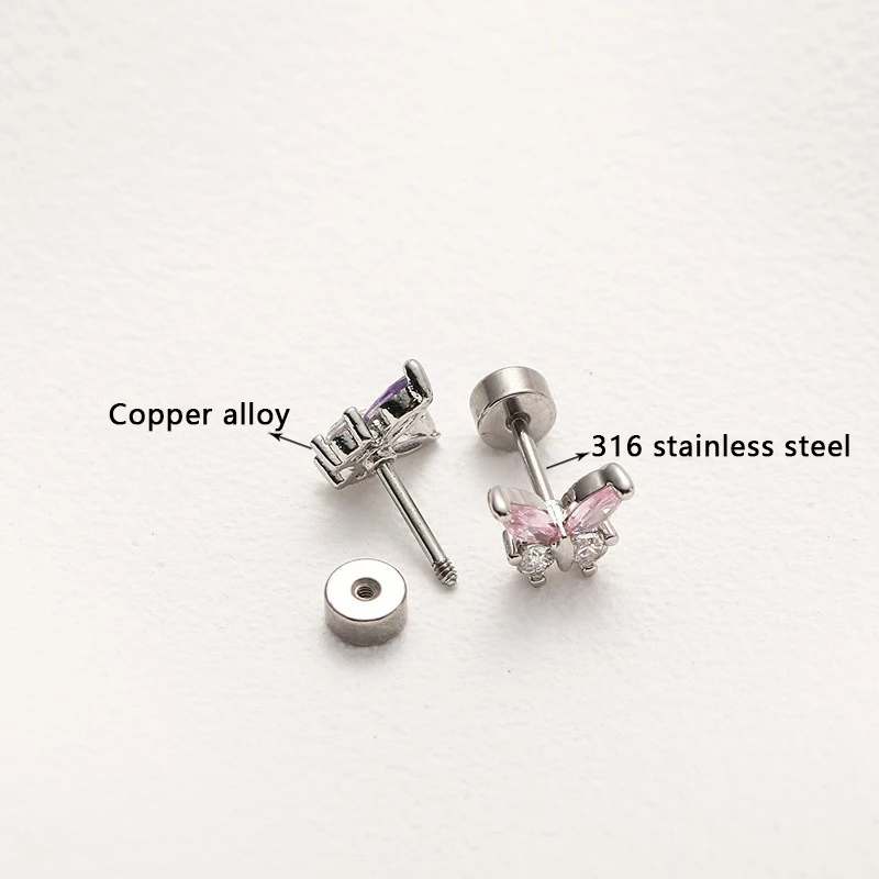 Fashionable Daily Body Jewelry For Wearing Zircon Butterfly Stud Earrings 316 Stainless Steel Piercing Jewelry Cochlear Implant