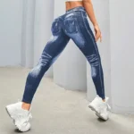 Wholesale Women's Faux Denim Mid-waist Velour High-elastic Yoga Leggings V-shaped Back Butt-lifting Quick-dry