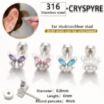 Fashionable Daily Body Jewelry For Wearing Zircon Butterfly Stud Earrings 316 Stainless Steel Piercing Jewelry Cochlear Implant