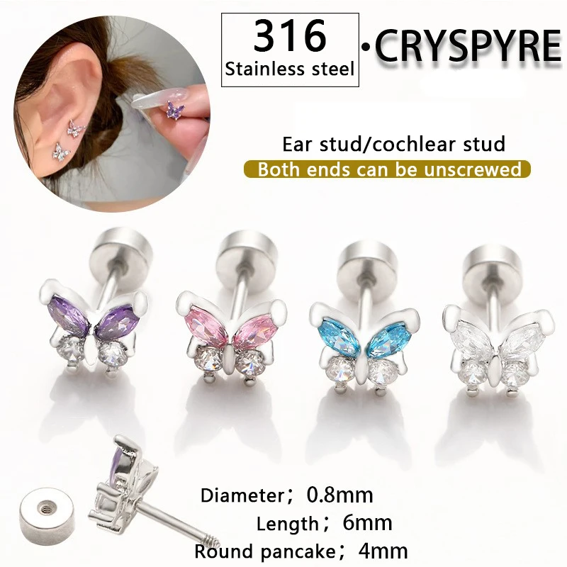 Fashionable Daily Body Jewelry For Wearing Zircon Butterfly Stud Earrings 316 Stainless Steel Piercing Jewelry Cochlear Implant