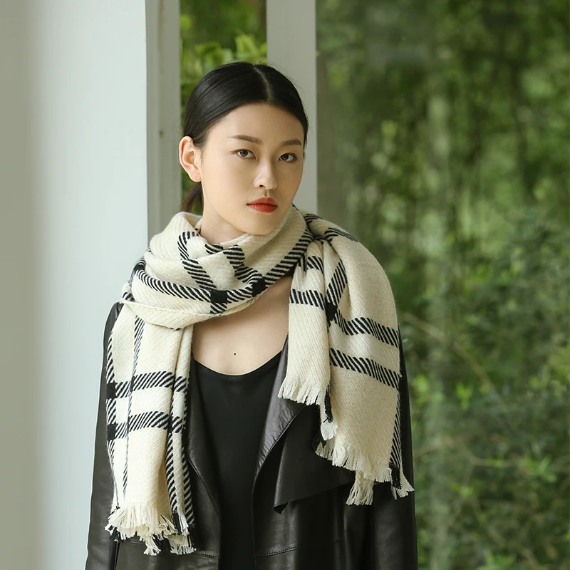 Plaid Striped Scarf Outdoor Fleece Lined Knitted Scarf Turtleneck Collar Cashmere Scarves