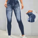 Wholesale Women's Faux Denim Mid-waist Velour High-elastic Yoga Leggings V-shaped Back Butt-lifting Quick-dry
