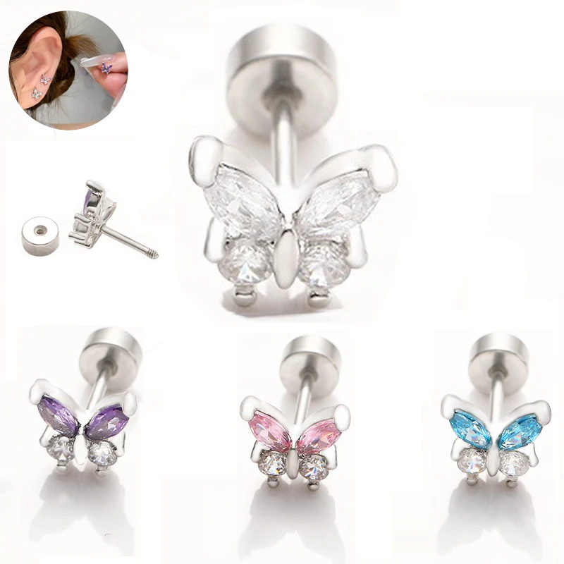 Fashionable Daily Body Jewelry For Wearing Zircon Butterfly Stud Earrings 316 Stainless Steel Piercing Jewelry Cochlear Implant
