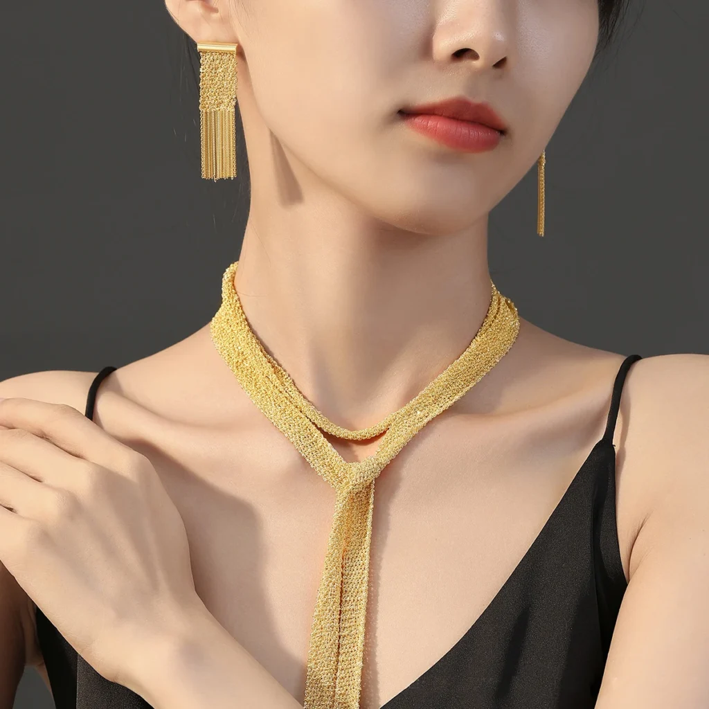 925 Sterling Silver Luxury Bou Cheron Delilah Mesh Gold Plated Scarf Necklace Bracelet Earrings Set