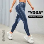 Wholesale Women's Faux Denim Mid-waist Velour High-elastic Yoga Leggings V-shaped Back Butt-lifting Quick-dry